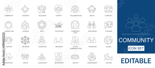 Community and social diversity icons. Includes volunteer work, charity donation and human inclusion elements. Professional for non-profit organizations and society apps.