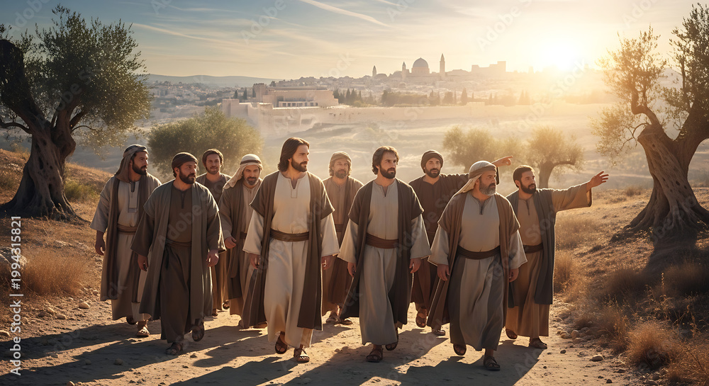 Naklejka premium Biblical representation of Jesus Christ walking with his twelve disciples along a dusty dirt path toward the ancient city of Jerusalem, historical religious scene, desert landscape, faith journey