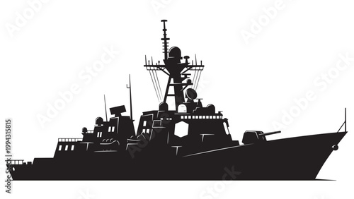Silhouette of a Military Warship with Advanced Naval Equipment and Antennas.