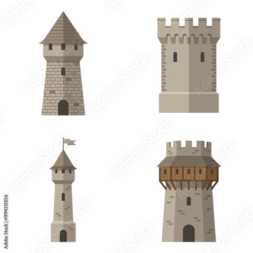 Collection of four distinct medieval castle towers, showcasing diverse architectural styles, from ancient fortresses and strongholds, depicted in a charming flat design illustration