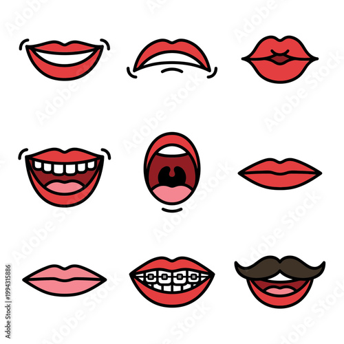 Diverse cartoon mouths and lips vector illustrations. Features various human expressions including smiles, open mouths, braces, and a mustache, perfect for graphic designs