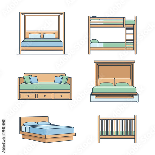 Collection of various modern and traditional bed types, including bunk, canopy, daybed, and crib designs, showcasing diverse sleeping furniture options for comfortable and stylish bedroom interiors