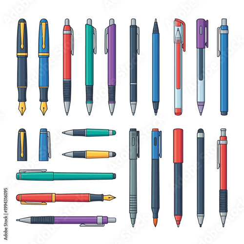 A vibrant and diverse collection of essential writing instruments, featuring an array of stylish fountain pens, classic ballpoint pens, and modern mechanical pencils