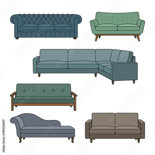 Illustrated collection of diverse sofa and couch designs, featuring a variety of styles from classic to modern, ideal for interior design, home decor, and graphic assets