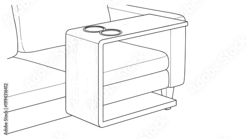Modern sofa with a side table and storage space in a contemporary living room setting.