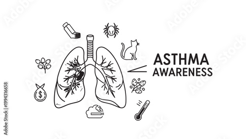 Asthma Awareness Illustration Featuring Lungs and Medical Symbols.