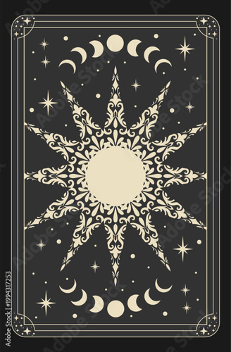 Magical background for astrology, tarot. Black postcard with a frame in a bohemian design, moon phases, sun, stars, copy space. Magic vector illustration