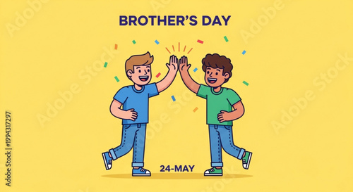 Two joyful cartoon brothers celebrating brother's day on may 24th with a high five against a bright yellow background with confetti