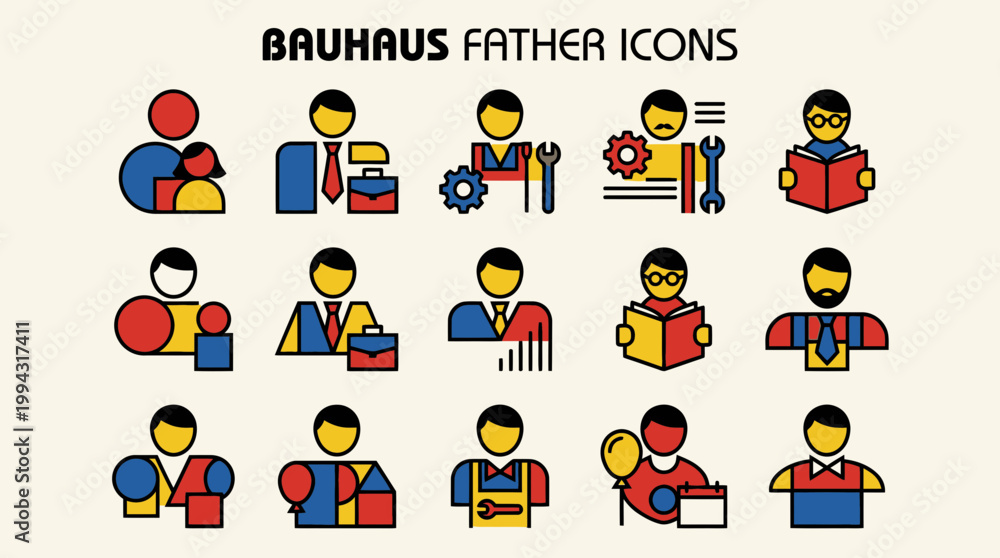 Fototapeta premium Bauhaus-style graphic icons representing father figures in various roles and activities, rendered in a minimalist, geometric aesthetic