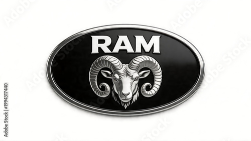 Chrome-look head of a male sheep with large curved horns inside a black oval badge featuring a metallic silver border and bold sans-serif text on a plain white backdrop.