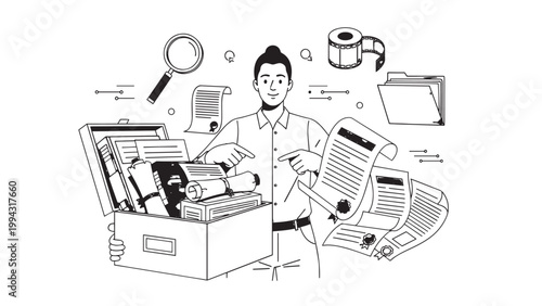 Illustration of a person organizing documents and office supplies in a cluttered workspace.