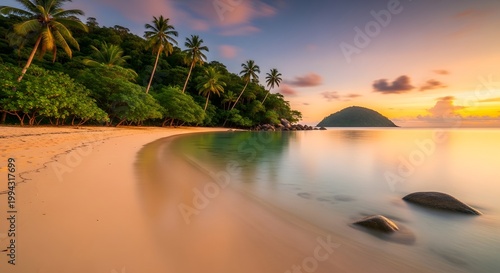Tranquil beach scene at sunset with palm trees and calm waters