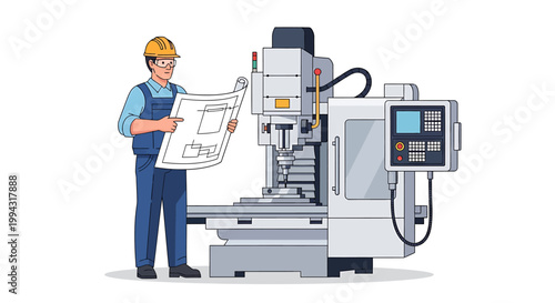 Engineer Inspecting CNC Machine with Blueprints.