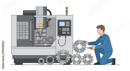 Machinist working with CNC machine and gears.