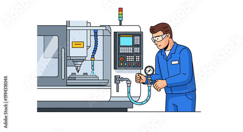 Skilled technician calibrating advanced CNC machine tool for precision manufacturing.