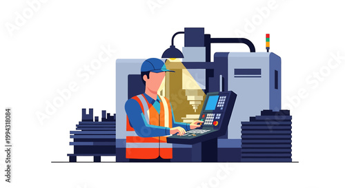 Skilled Machinist Operating Advanced CNC Machine in Modern Factory.