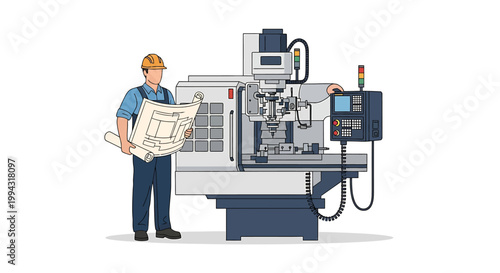 Engineer Inspecting Advanced CNC Machine with Blueprints.