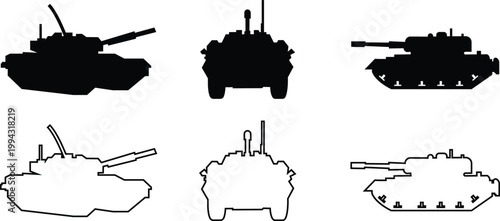 Tank armored vehicle military icon set collection group in black flat and line style featuring panzer, armor, war machine, combat vehicle synonym elements for army, defense and battlefield design use