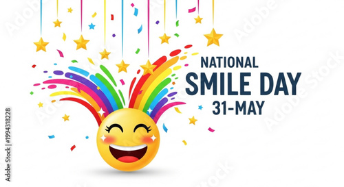 Colorful illustration of a smiling face with rainbow hair and confetti stars celebrating national smile day on may 31st with vibrant text and playful design elements