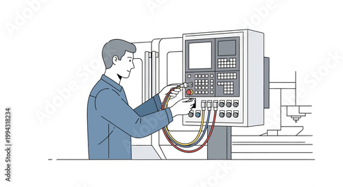 Man operating complex industrial machinery control panel.