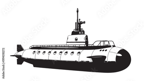 Submarine Vessel Floating on Water with Periscope and Nautical Features.