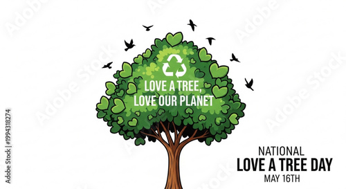 Green tree with birds and recycling symbol promoting environmental awareness on love a tree day may 16th with nature conservation message