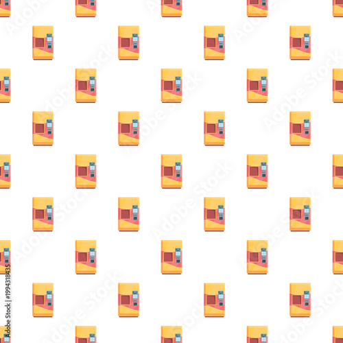 Vending machine pattern repeating on a white background, offering quick snacks and drinks