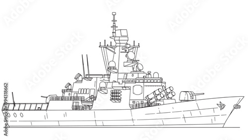 Large Military Warship with Advanced Navigation and Defense Systems.