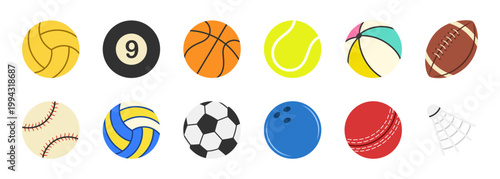 Sports balls for various games including soccer, basketball, tennis, and rugby on transparent background. Set of equipment for volleyball, bowling, billiards, cricket and baseball matches.
