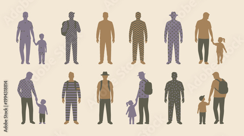 Diverse generational representation of fathers and children in a warm, earthy color palette, showcasing familial bonds