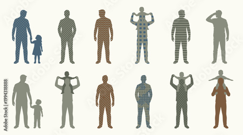 Family silhouette collection dads and children in various poses, depicting modern parenthood and generational connections
