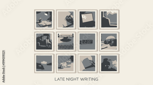A compilation of twelve framed illustrations depicting various scenarios of late night writing and creative endeavors, presented in a muted color palette