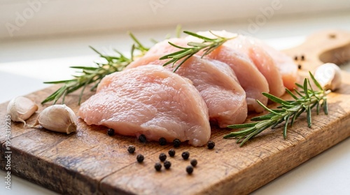 Fresh raw chicken breast with rosemary and garlic on a cutting board. Ideal for protein-rich, low-fat meals and culinary creativity.