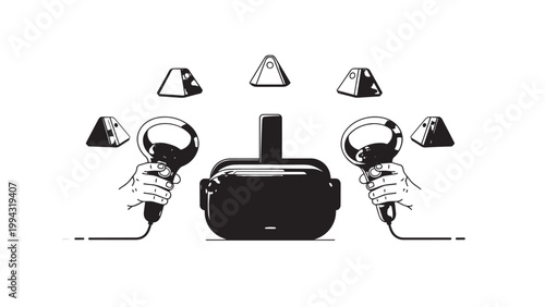 Virtual Reality Headset with Handheld Controllers for Immersive Gaming Experience.