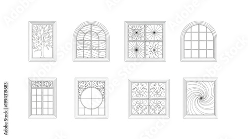Diverse architectural window designs showcasing unique patterns and elegant frames