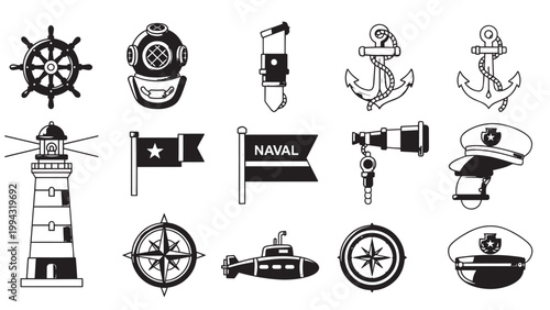 Collection of Nautical and Maritime Symbols Including Lighthouse and Ship Wheel.