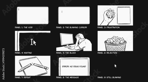 A visual narrative illustrating the common and frustrating struggle of writer's block, from blank pages and blinking cursors to crumpled paper and the elusive search for creative inspiration