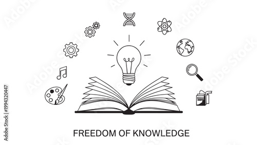 Open book with various icons representing knowledge and ideas surrounding it.
