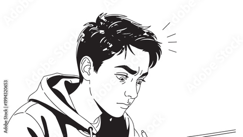 Black and White Illustration of a Young Man with Short Hair and Thoughtful Expression.