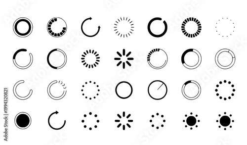Loading Spinner and Progress Indicator Icon Set Featuring Circular Preloaders, Buffering Symbols, UI Animation Elements, and Modern Web Interface Design Vectors