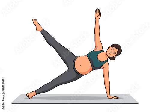 Pregnant woman practicing yoga: flat vector illustration, minimalist sportswear, isolated on white background