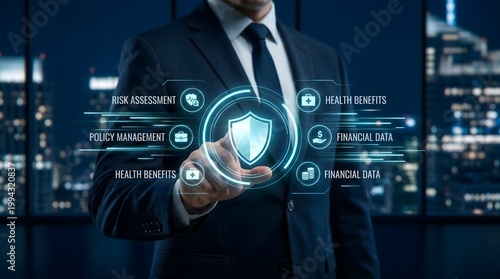 Interactive holographic shield dashboard manipulated by executive in dark wool suit for managing risk assessment and insurance policy data against night cityscape.