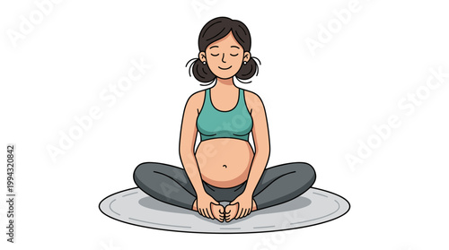 Pregnant woman practicing yoga, flat vector illustration, naive doodle style, isolated on white background