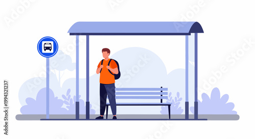 Man waiting for public transportation at a bus stop shelter illustration