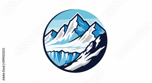 Circular emblem of snow-capped mountain peaks with icy blue glaciers