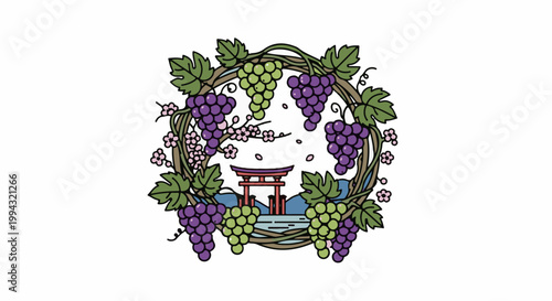 Circular frame of grapevines and cherry blossoms framing a Japanese torii gate and landscape