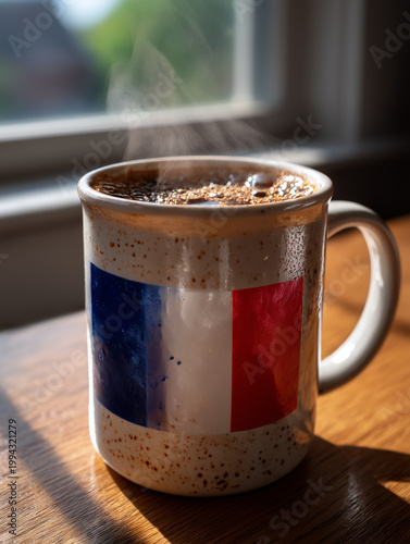Steaming coffee mug displaying french flag on wood table