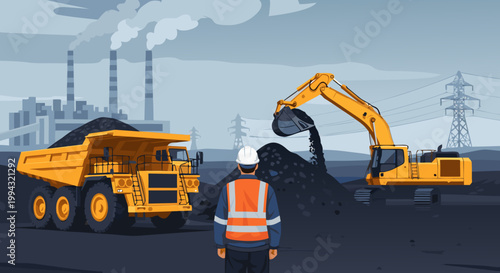 Industrial mining operation with heavy machinery and worker at a coal power plant