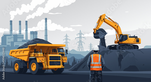 Industrial mining operation with a large dump truck and excavator, demonstrating heavy machinery in resource extraction