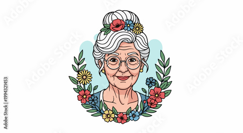 Cheerful elderly woman with grey hair in a bun, adorned with flowers and framed by greenery